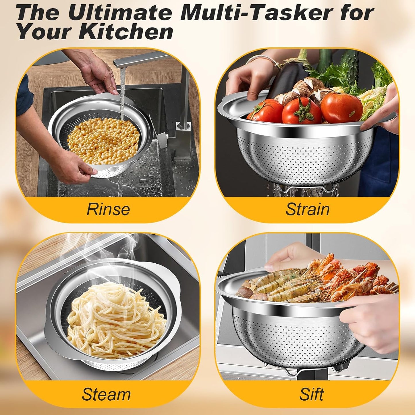 Colander, Stainless Steel Colander for Kitchen, 3Pcs Kitchen Gadget Food Strainer Basket with Handle, Kitchen Strainer Colanders Bowl for Pasta Noodles Spaghetti Vegetables Fruit (2QT, 3QT, 5QT)