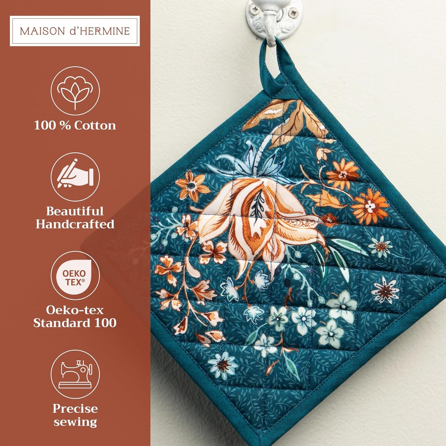 Maison d' Hermine Pot Holders 100% Cotton Heat Resistant Potholders 8" x 8" Hot Pads with Loop BBQ, Cooking, Baking, Grilling, Kitchen, Handling Hot Pans (Pack of 1, Luxury Loft-Dark Teal)