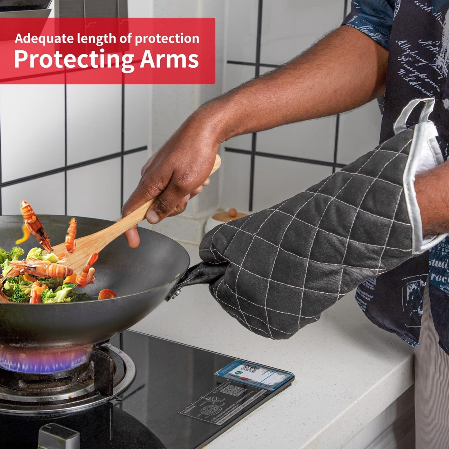 ARCLIBER Oven Mitts Heat Fire Resistant Oven Mitts 425 ° F, Quilted Terry Cloth Cotton Soft Lining Oven Gloves, Extra Long Kitchen Mittens for Cooking Baking