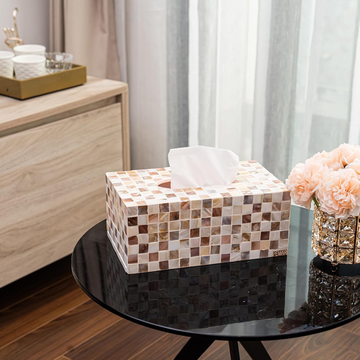 PEMAR Rectangular Mother of Pearl Tissue Box Capiz Shell Handmade Rectangle Tissue Box Cover Holder Decorative Napkin Dispenser Organizer Rustic Farmhouse Vintage Decor (Brown Checkered)