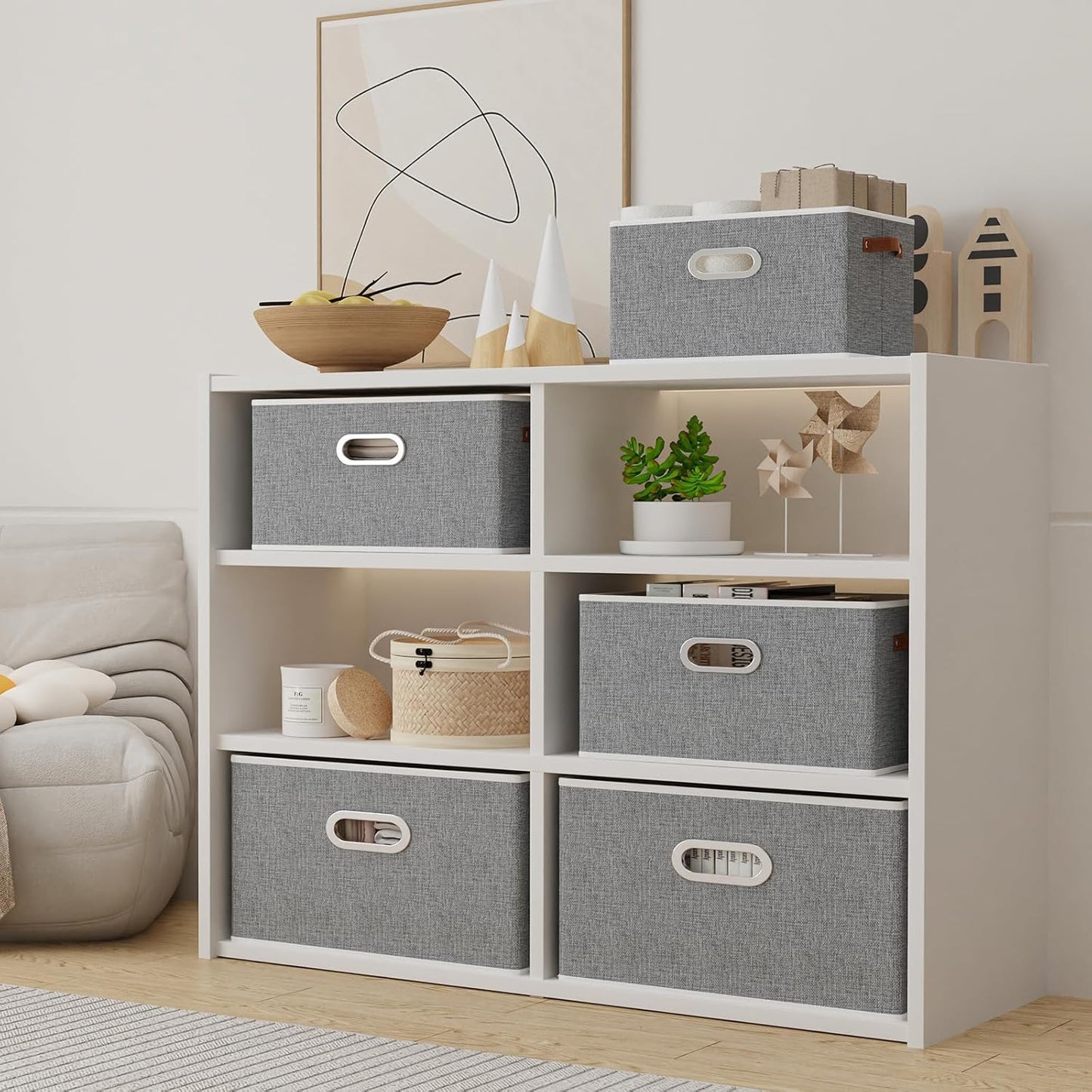 Yawinhe Foldable Storage Baskets for Shelves, Fabric Closet Organizers, Bins with 3 Handles, Cubes for Clothes, Grey, 15''Lx9.8''Wx8.3''H, 6-Pack