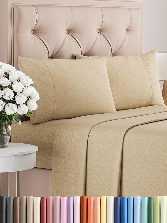 Queen Size 4 Piece Sheet Set - Comfy Breathable & Cooling Bed Sheets Set - Hotel Luxury Bedding for Women, Men, Kids, Teens, Boys & Girls - Deep Pockets, Soft & Wrinkle Free - Tan (Heathered Sheets)