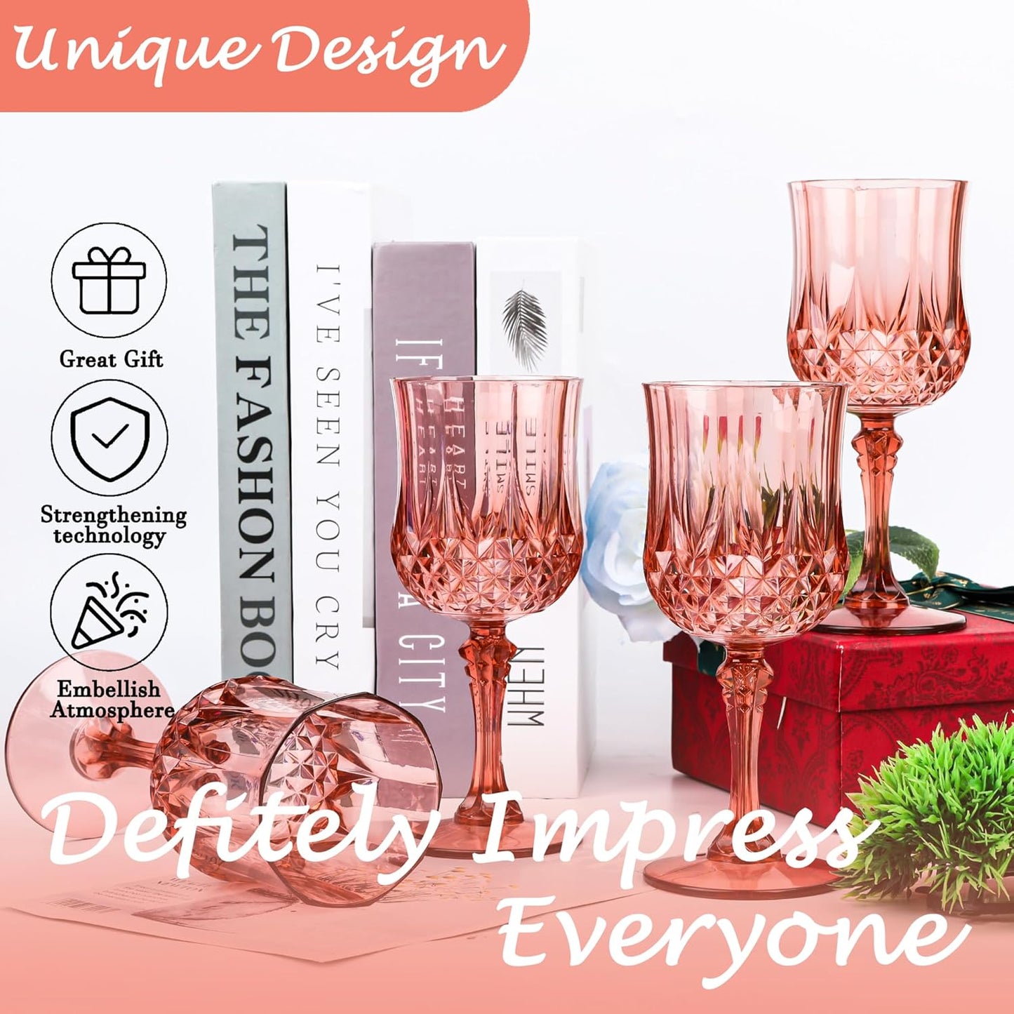 Plastic Wine Glasses，Plastic Goblets Vintage Style Cordial Drinking Glasses for Wedding Reception, Grand Event Party Supplies (24, Rose Gold)