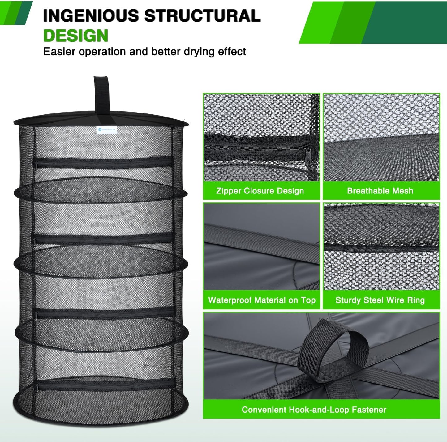 Yesker 4 Layer Herb Drying Rack Hanging Mesh Net Foldable Plant Drying Racks 18" Diameter with Black Zipper & Hook Dryer Hanging Rack for Herbs Seed Bud Fruit Clothes Grow Tent Closets Garden Outdoor