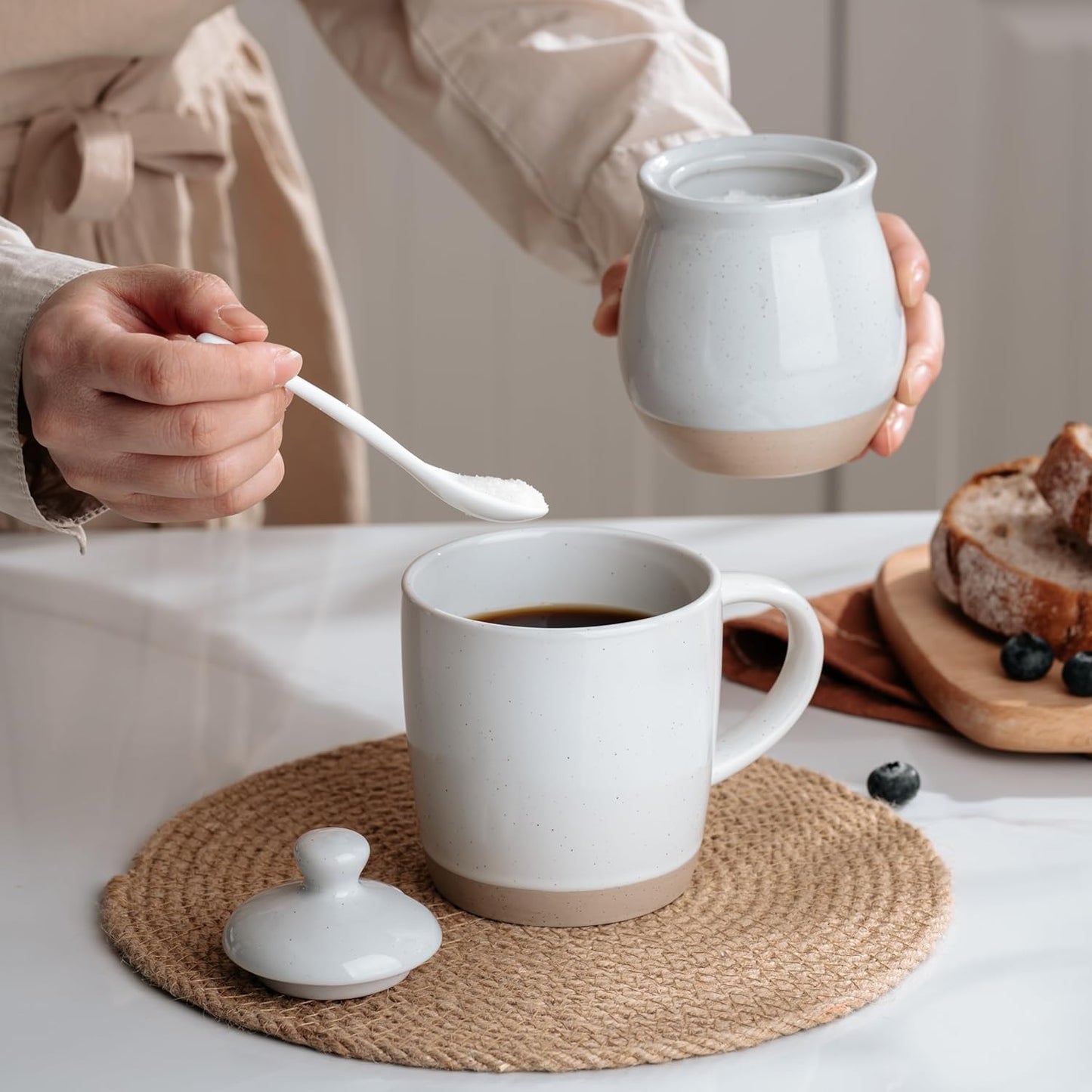 famiware Milkyway Sugar Bowl with Lid and Spoon, 10oz Ceramic Sugar Jar/Pot/Dispenser for Salt, Condiments, Spice, Seasonings, Sugar Container for Coffee Bar, Home, Kitchen, and Countertop, Light Gray