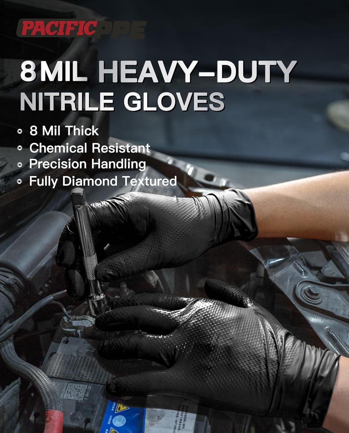 PACIFIC PPE 8 Mil Heavy Duty Black Nitrile Gloves, Food Safe, Latex Free, Mechanic, Fully-Diamond Textured Grip Industrial Disposable Gloves, Large