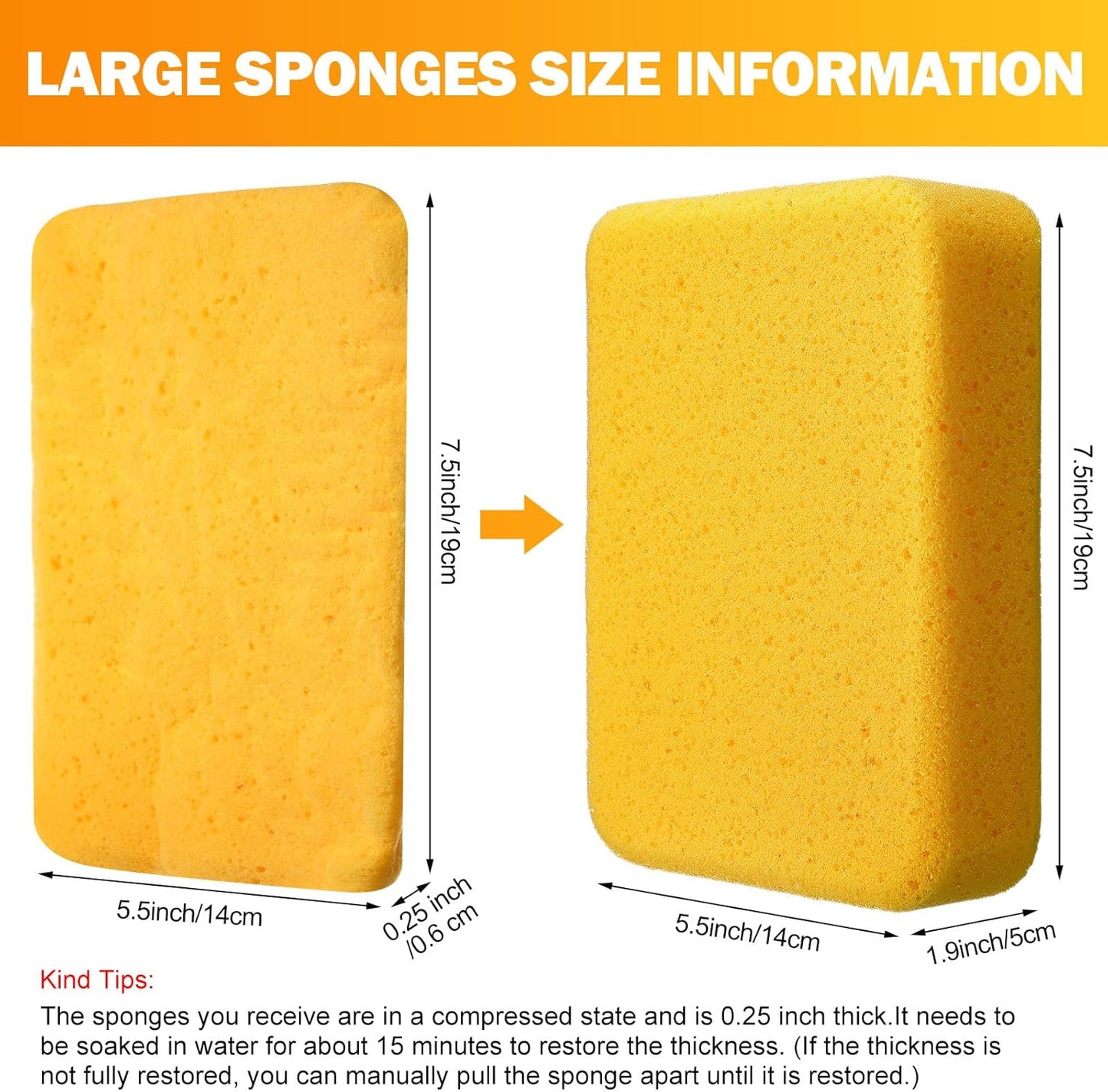Tioncy 48 Pcs Large Sponges Bulk 7.5 x 5.5 x 1.9 Inch Grouting Car Wash Foam Cleaning and Washing Sponge Commercial Foam Large All Purpose for Cleaning Dishes Car Tile Bike (Yellow)