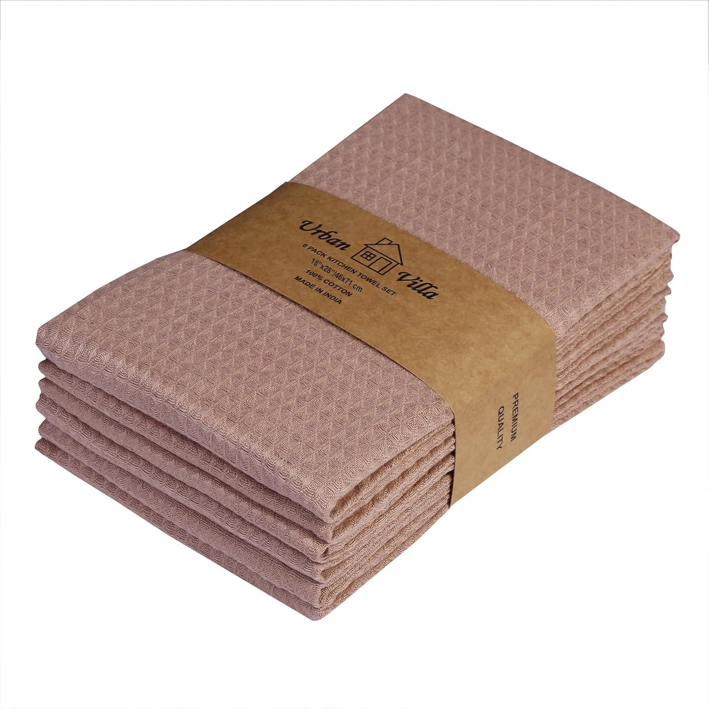 Urban Villa Waffle Dish Towels - Tan Color Set of 6 Highly Absorbent Cotton Towels - Oversized 18x28 with Mitered Corners