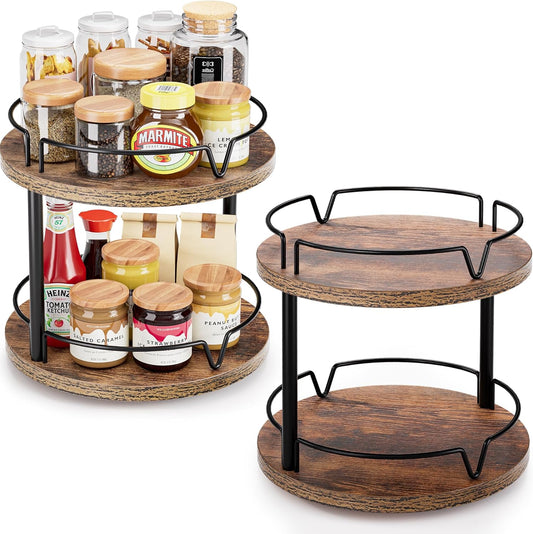 2 Pack 2 Tier Lazy Susan Organizer Wooden Rotating Spice Rack Spice Rack for Countertop 2 Tier Spice Turntable Organizer for Kitchen Countertop and Cabinet Compact and Versatile, Rustic Brown
