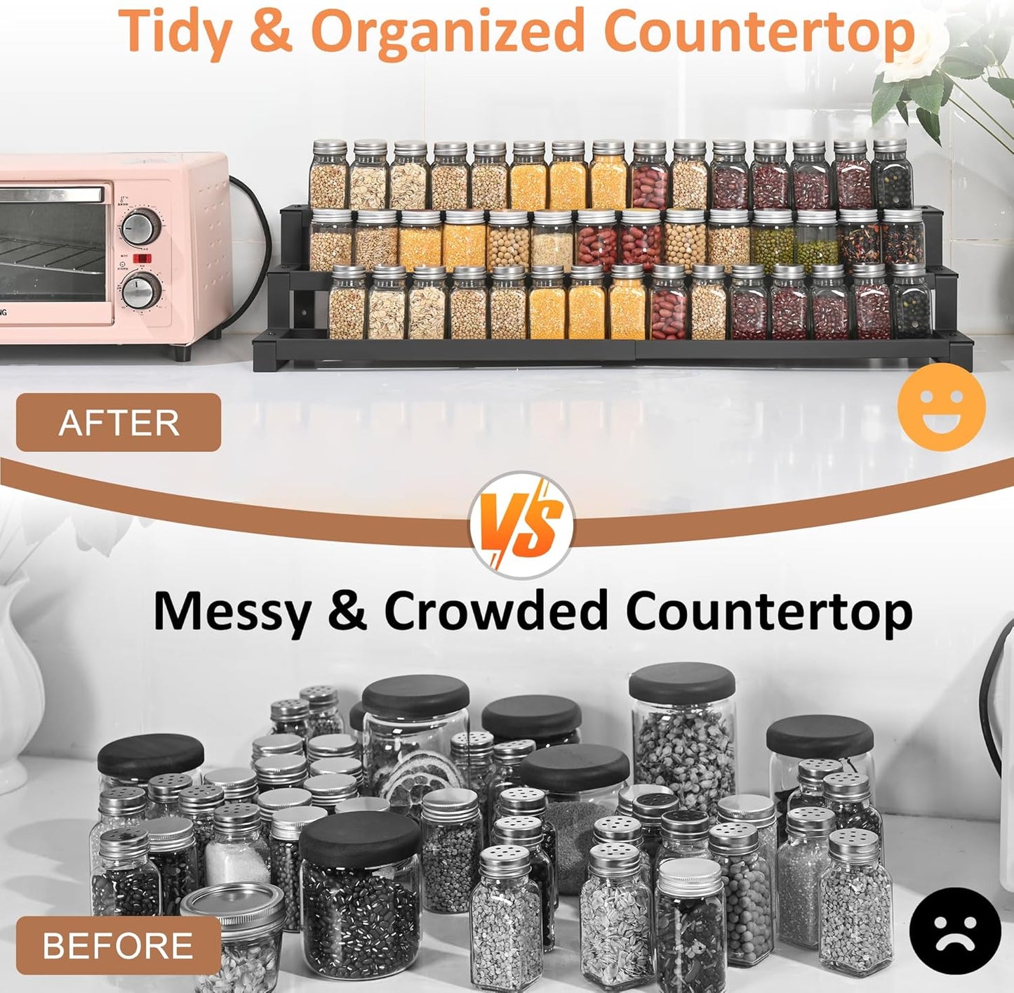 GOENDR Expandable Spice Rack Organizer for Cabinet, 3 Tier Metal Spice Organization,16"-29.5" Wide Adjustable Seasoning Organizer, Display Shelf, Canned Goods Organizer for Pantry Kitchen Countertop