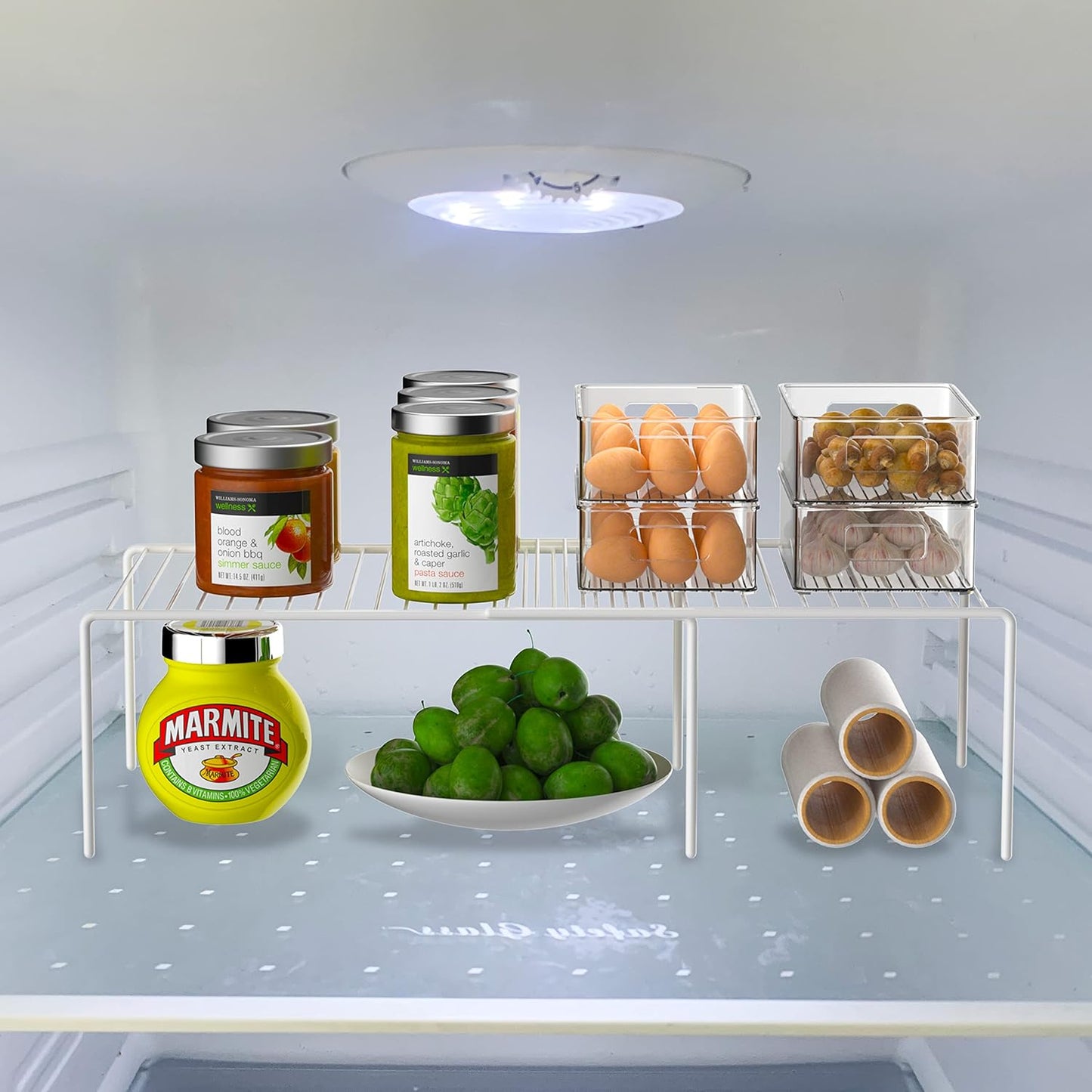 Redrubbit 4-Piece Expandable Metal Rustproof Storage Shelf Rack, Kitchen Counter and Cabinet Organizer, Space Saver for Fridge, Bathroom, White, Set of 2