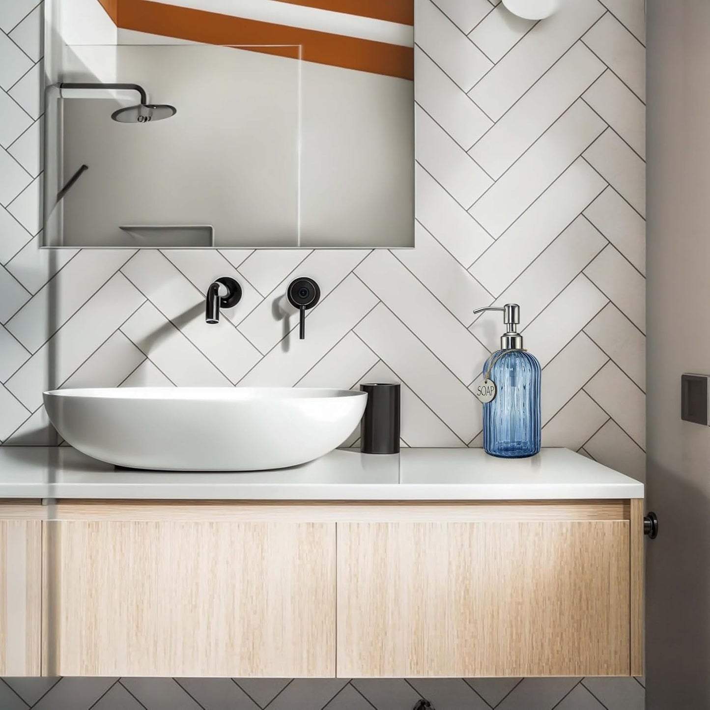 JASAI 18Oz Navy Blue Glass Soap Dispenser for Kitchen & Bathroom, Refillable Kitchen soap Dispenser with Vertical Stripe, Bathroom Soap Dispenser for Dispense Hand soap& Dish Soap.