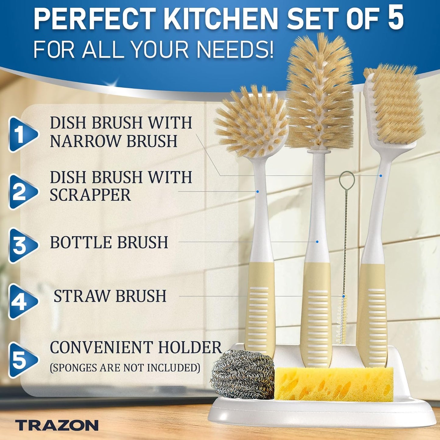 Dish Brush Set of 5 with Holder - Kitchen Scrub Brushes with Non-Slip Long Handle for Cleaning, Scrubber, Dishwashing, Dishes, Bottles, Straws, Cups, Pots & Sink, Baige