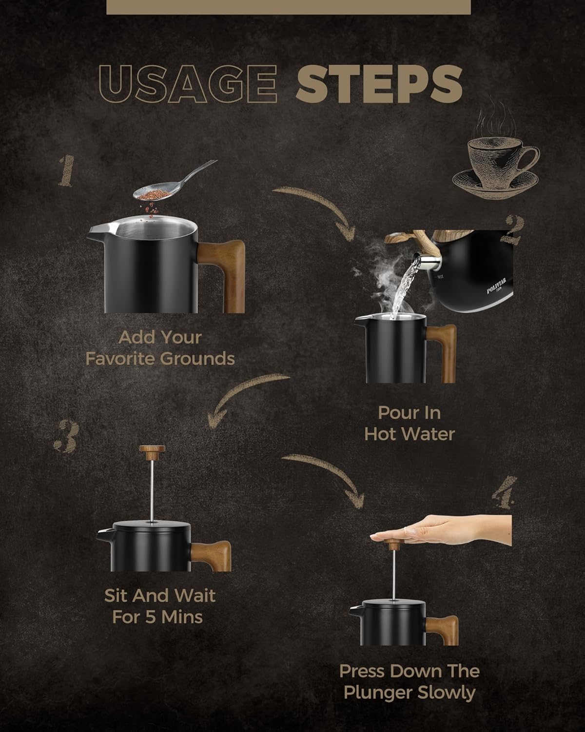 POLIVIAR French Press Coffee Maker, 34 Ounce Coffee Press with Real Wood Handle, Double Wall Insulation & Dual- Filter Screen, Food Grade Stainless Steel for Good Coffee and Tea (Vintage)