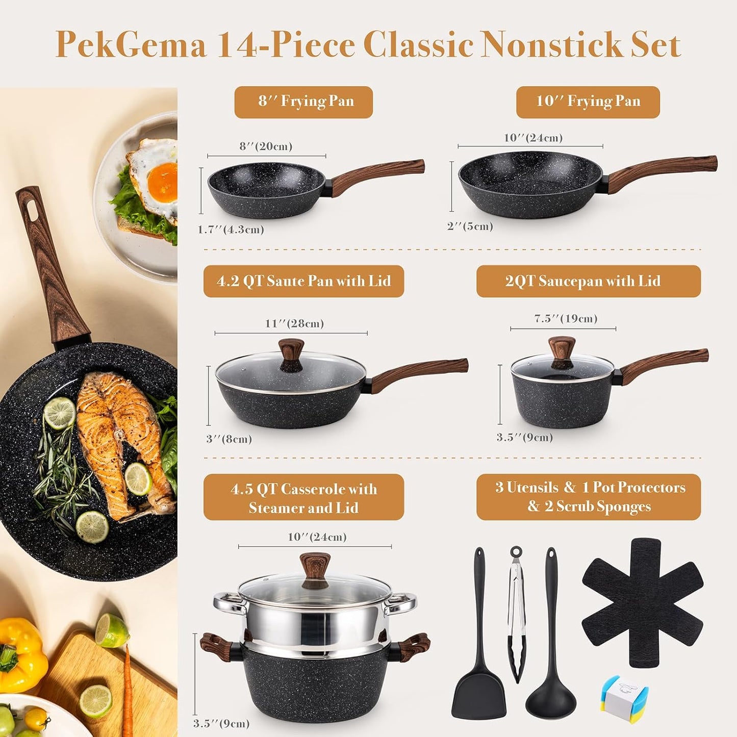PekGema 14 Pcs Ceramic Cookware Sets, Pots and Pans Set Nonstick, Non Toxic Healthy Non stick Kitchen Cooking Set, Induction Cookware with Frying Pan Set, PFAS PTFE PFOA FREE, Black