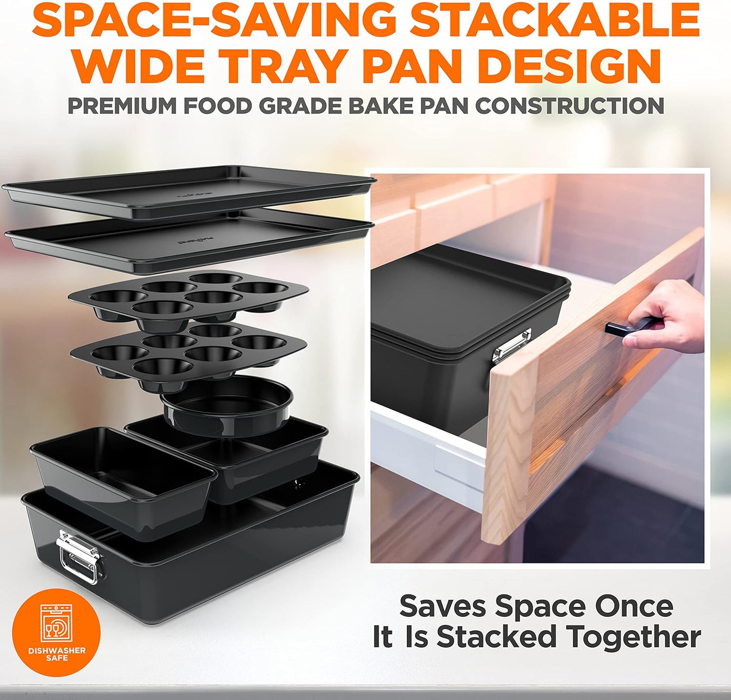 NutriChef 8-Piece Stackable Nonstick Bakeware Set - Premium Steel Baking Tray Set - Includes Round Cake Pan, 6-Cup Muffin Pans, Wide/Square Brownie & Loaf Pans, Cookie Sheet, & Roaster Pan (Black)