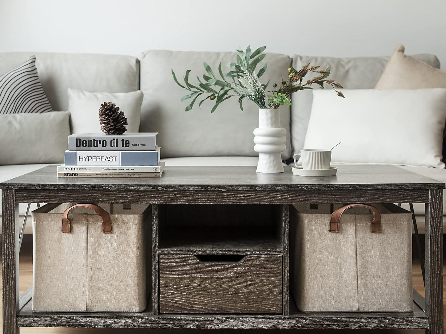 StorageWorks Storage Baskets for Shelves with Metal Frame, Organizing Bins, Fiber Shelf Baskets, Brown and Beige, 4-Pack