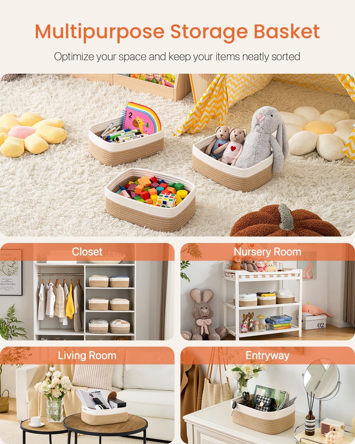 Small Woven Basket, 13.5 x 9.5 x 5 Inches, Storage Basket for Organizing, Cute Small Rope Shelf Closet Cube Storage Bins Baskets for Shelves, Dog Toy Gift Baskets Empty, 3 Pack White & Brown