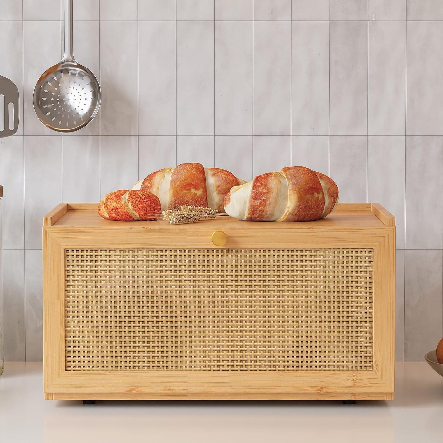 Rattan Bamboo Bread Box for Kitchen Counter Large Capacity Bread Storage Bin Farmhouse Bread Storage Container Rustic Bread Holder (Natural Bamboo)