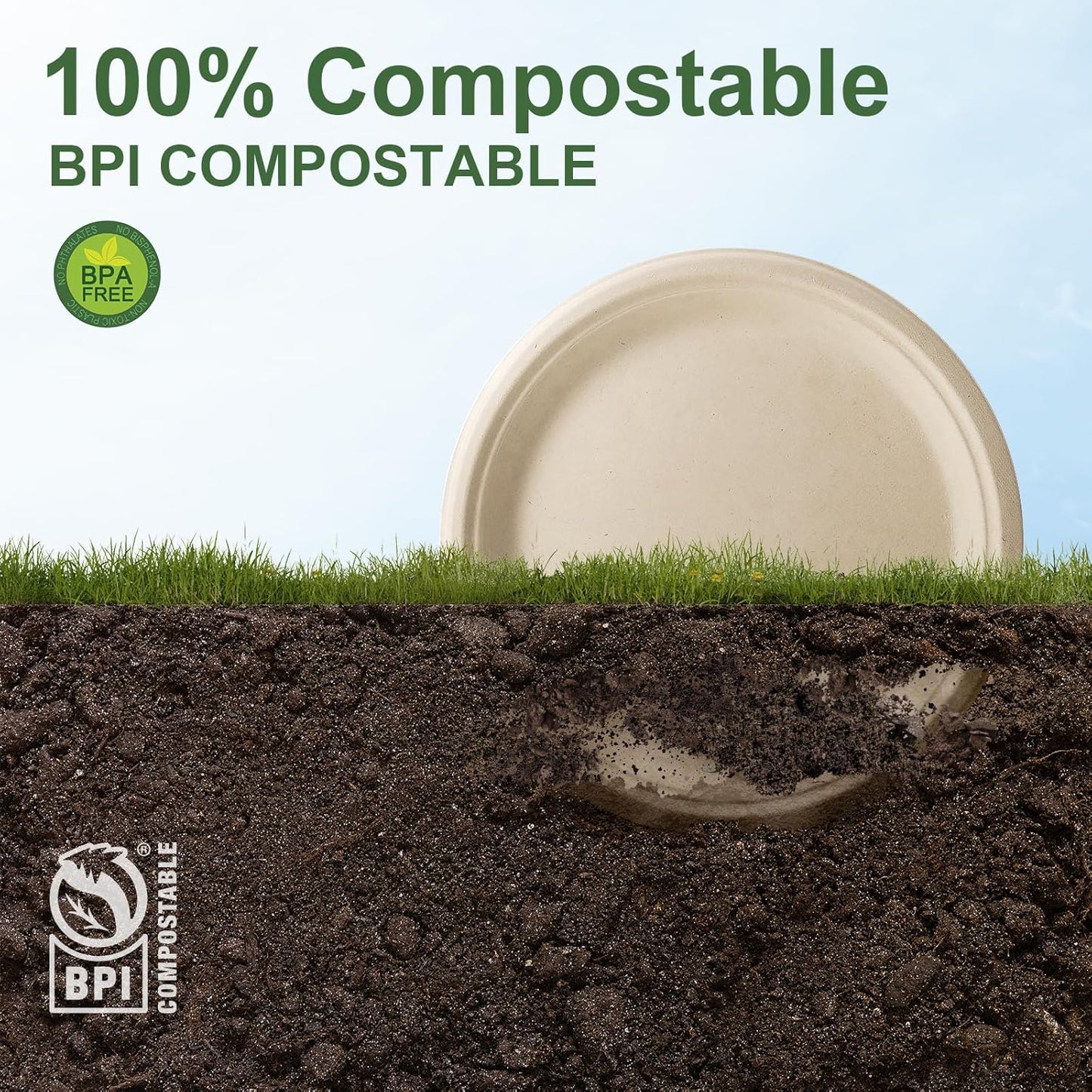 WELLIFE 100% Compostable Paper Plates 10 Inch, 125-Pack Heavy Duty Paper Plates Bulk,Biodegradable Bagasse,Eco-Friendly Disposable Dinner Plate for BBQ,Picnic,Party (BPI Certified,Microwaveable)