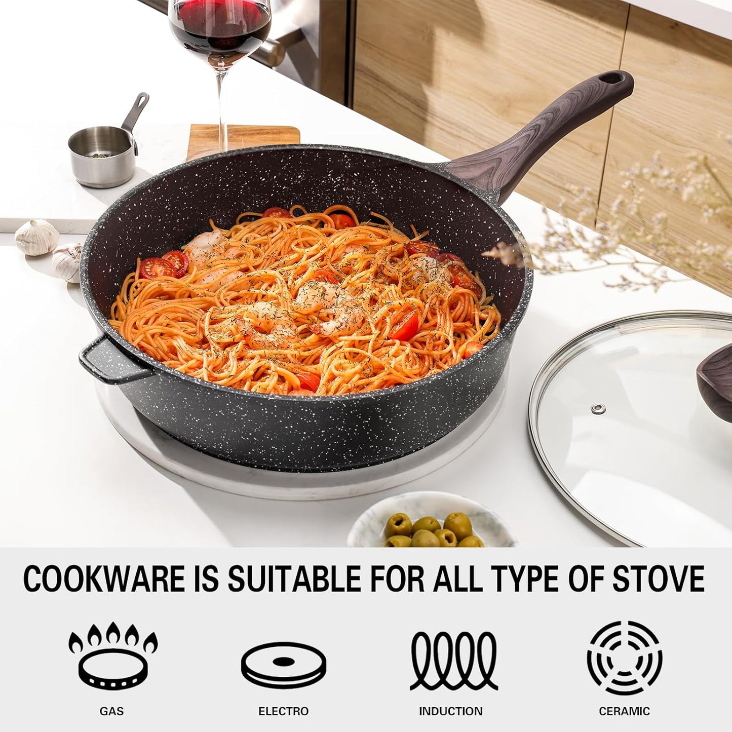 Nonstick Deep Frying Pan with Lid, 10 Inch Non Stick Skillet, Saute Pan for Cooking, Healthy Induction Cookware, PFOA Free