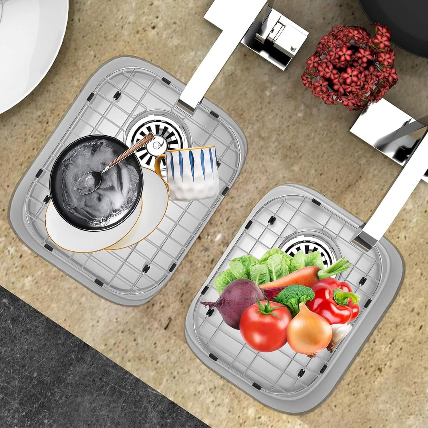 Orgneas Sink Protectors for Kitchen Sinks, Double Bowl Sink Bottom Grid 13"x16" and 11.2"x14.5", 304 Premium Stainless Steel Kitchen Sinks Grate Rack Grid, Centered Drain, 2 Pcs