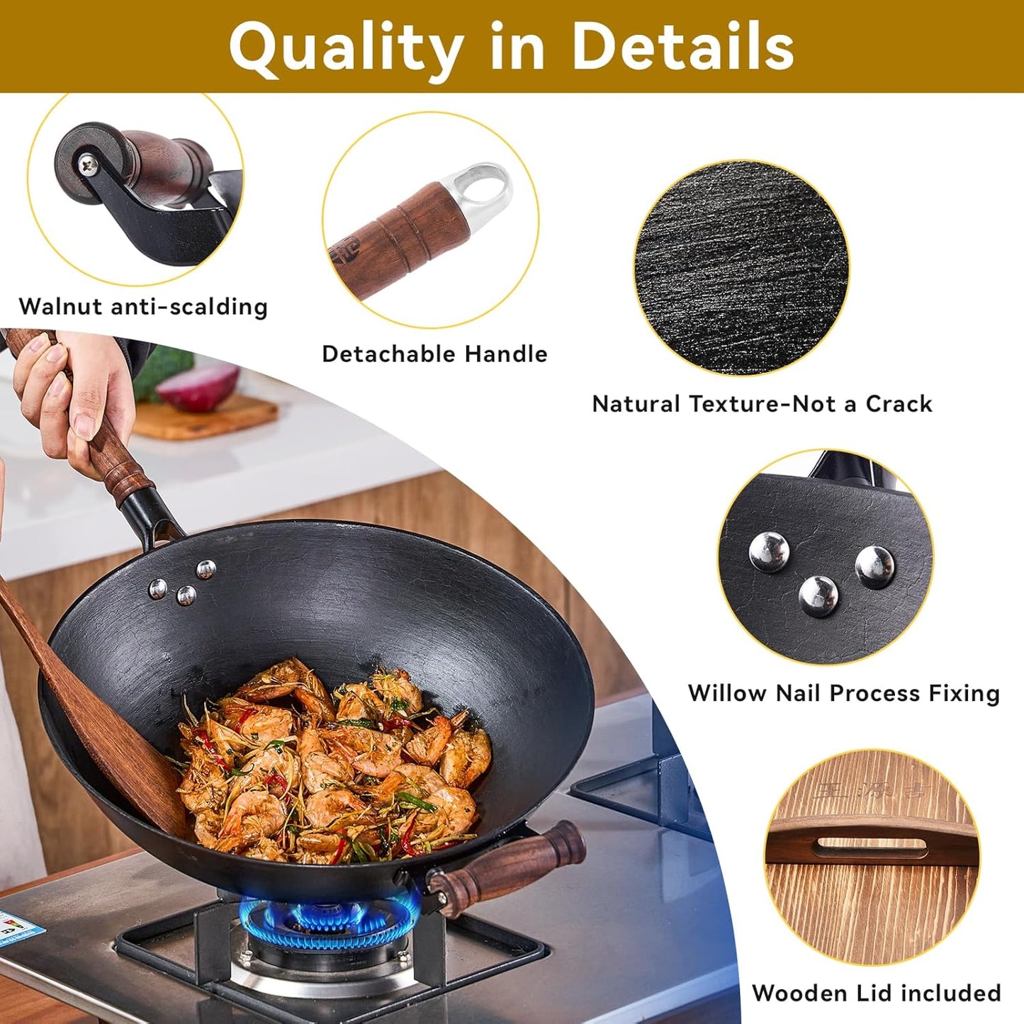 WANGYUANJI Cast Iron Wok Pan 12 inch Flat Bottom with Wooden Handle and Lid, Large Wok Stir Fry Pan Suitable for All Cooktops, Chinese wok with Free Dishcloth and Brush