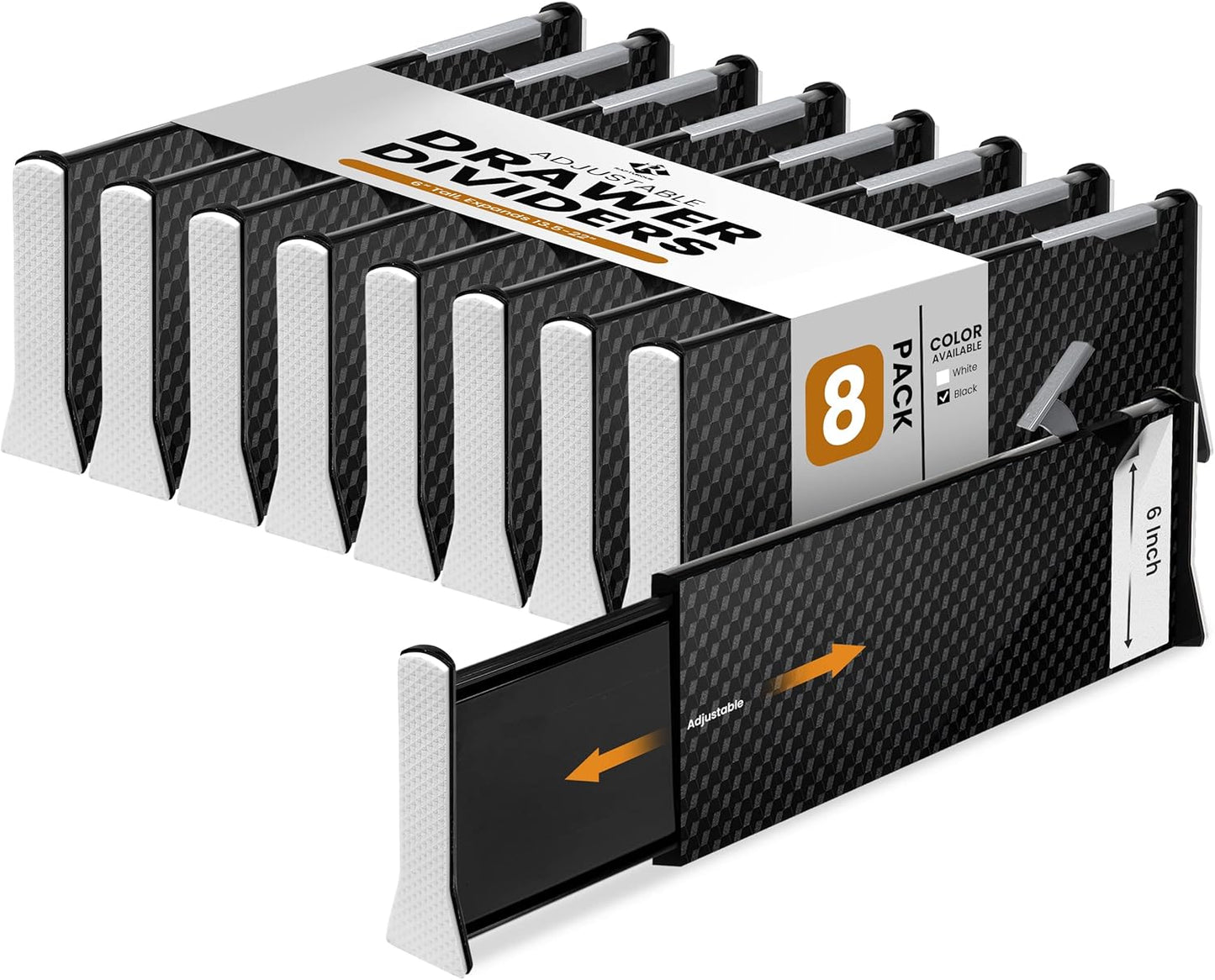 RAPTUROUS Deep Drawer Dividers 8 Pack, 6 Inch Tall, 13-22 Inch Long Expandable, Adjustable Drawer Organizer for Clothing, Dresser, Kitchen, Strong Hold, Soft Foam Edges, Black