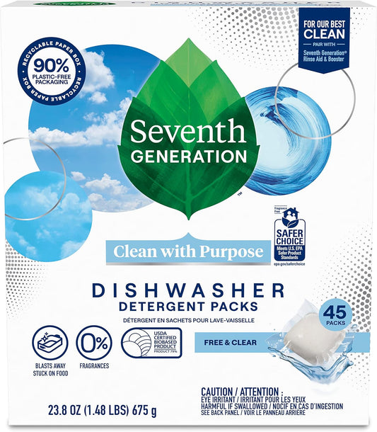 Seventh Generation Dishwasher Detergent Packs Free & Clear for sparkling dishes Dishwasher tabs 45 count