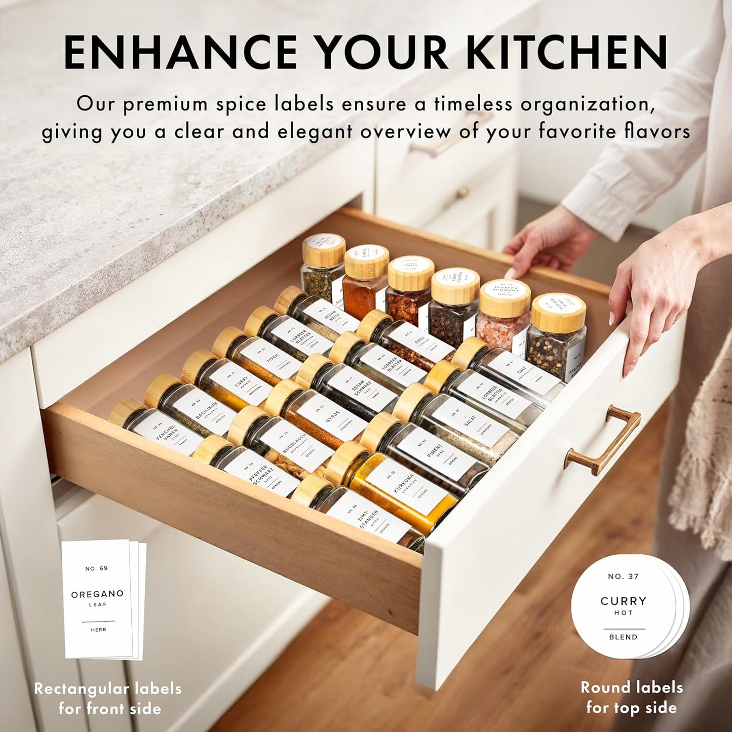 Square Spice Jars with Bamboo Wooden Lid (Pack of 24) Spice Jars with Shaker Insert and 240 Labels - Bamboo Lid Glass Container for Spice Organisation [4.3 in × 1.8 in]