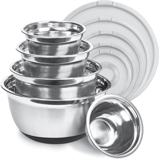 Avador Premium Stainless Steel Mixing Bowls with Lids Non-Slip, Set of 5 Mixing Bowl Set with Silicone Base, Space Saving, Great for Cooking, Baking, Prepping (0.25qt, 1qt, 1.5qt, 3qt, 5qt)