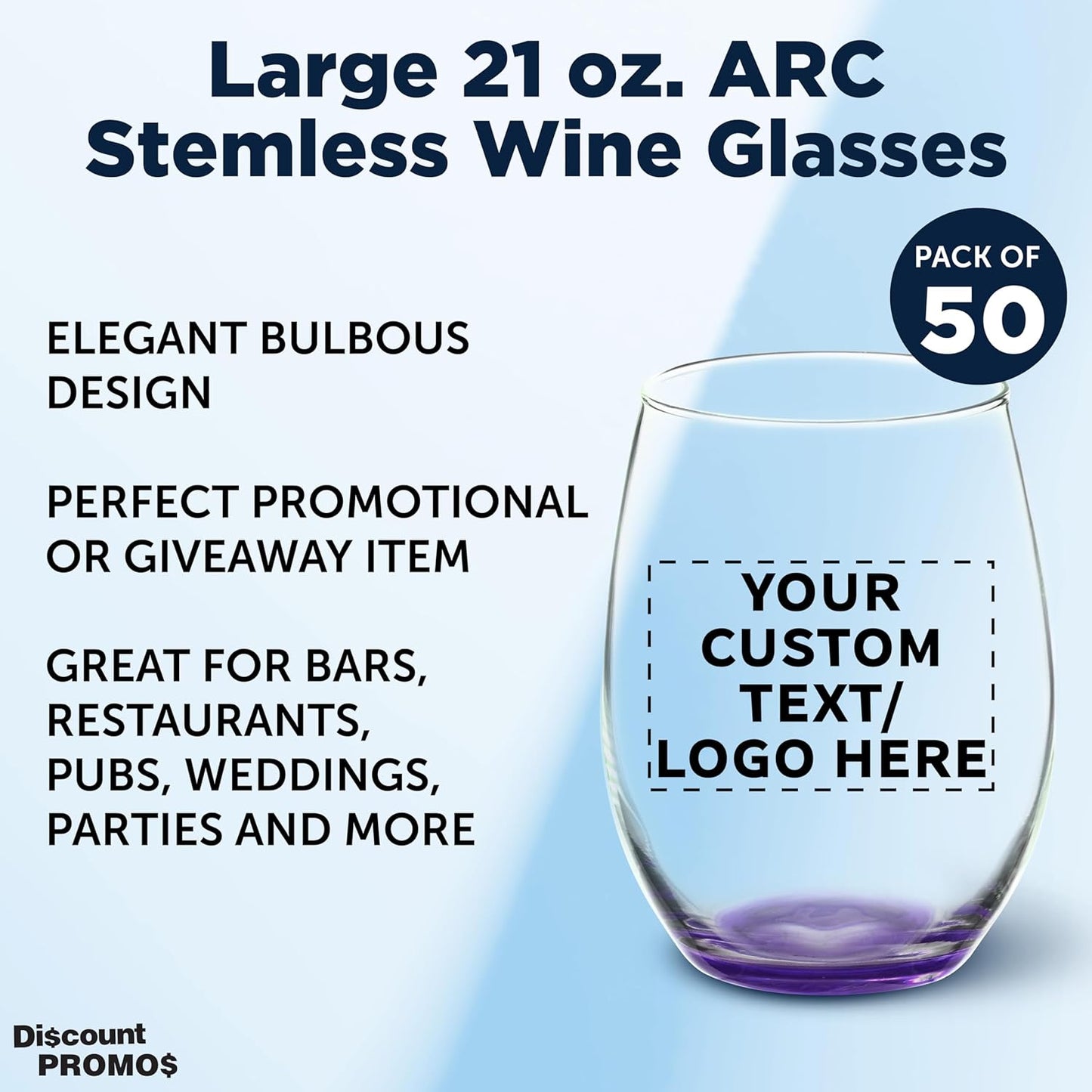 DISCOUNT PROMOS 50 ARC Stemless Wine Glasses Set, 21 oz. - Customizable Text, Logo - Chardonnay, Cabernet, Merlot, Sauvignon - Purple