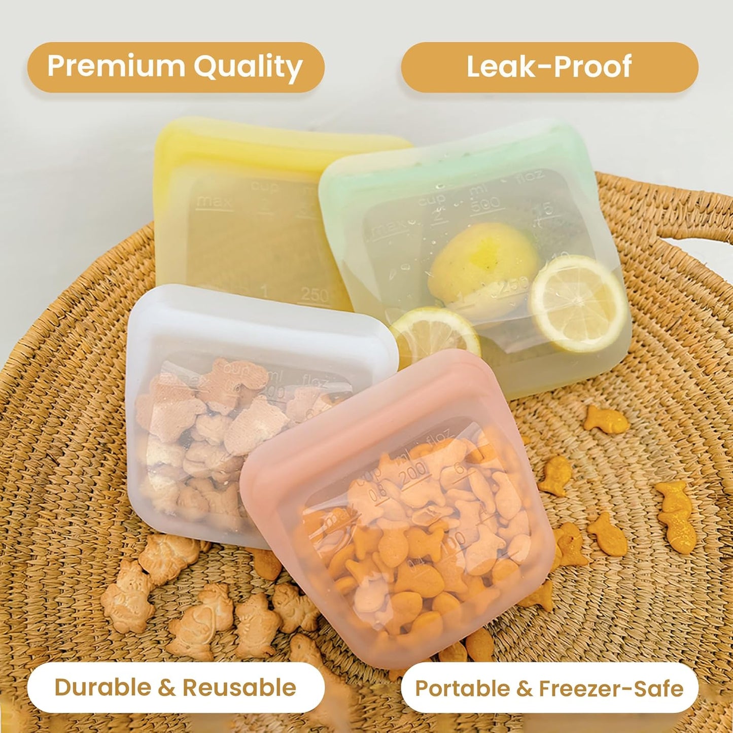 purifyou Set of 5 Reusable Silicone Storage Snack Bags 6oz / 16oz / 32oz / 64oz Self-Seal Food Storage Container for Fruits, Vegetables, Sandwiches, Dishwasher Safe & Leak-free (CloudPink, 32oz)