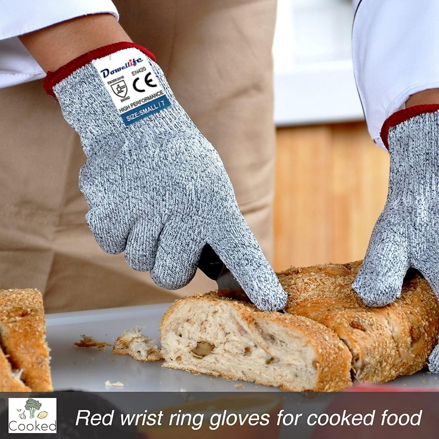 Dowellife Cut Resistant Gloves Food Grade Level 5 Protection, Safety Kitchen Cuts Gloves for Oyster Shucking, Fish Fillet Processing, Mandolin Slicing, Meat Cutting and Wood Carving. (Small-2 Pairs)