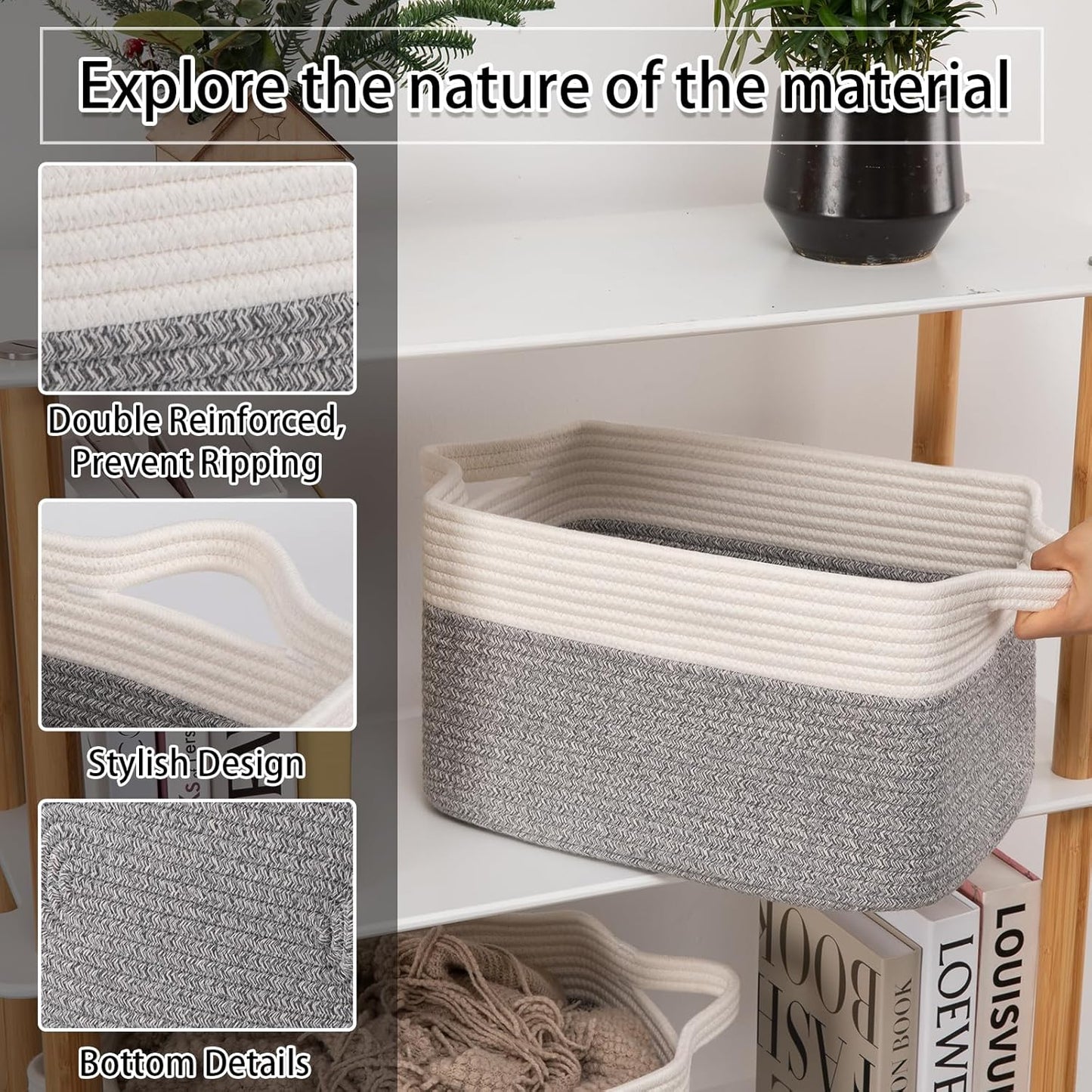 OIAHOMY 3 Pack Storage Basket for Organizing, 13''X9.85''X8.7'' Storage Bins,Woven Basket Basket with Handles, Toy Storage Basket Bin,Stylish Room Decor Basket, White & Grey variegated