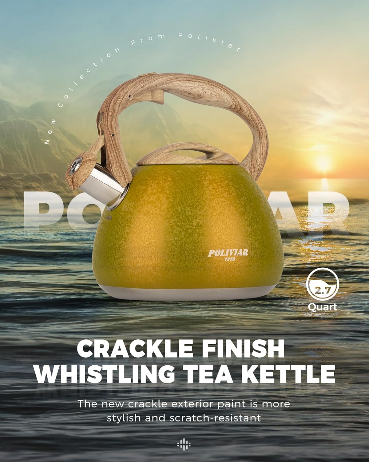 POLIVIAR Tea Kettle, 2.7 Quart Stovetop Tea Kettle, Audible Whistling Teapot with Crackle Finish, Food Grade Stainless Steel for Anti-Rust, Anti Hot Handle, Suitable for All Heat Sources (JX2023-LRY)