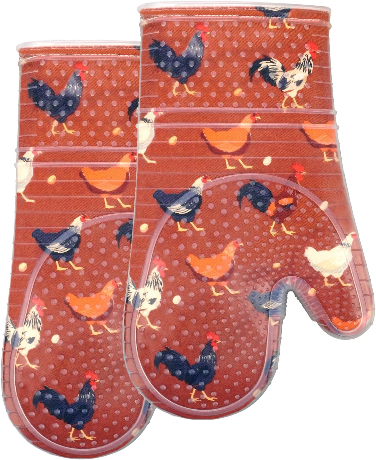 RED LMLDETA Oven Mitts Set of 2 with Transparent Clear Silicone Shell and Nice Shell Flower Cotton Lining, Heat Resistant to 500 F Kitchen Oven Gloves Pot Holder for Cooking (Rooster, Oven Mitts)