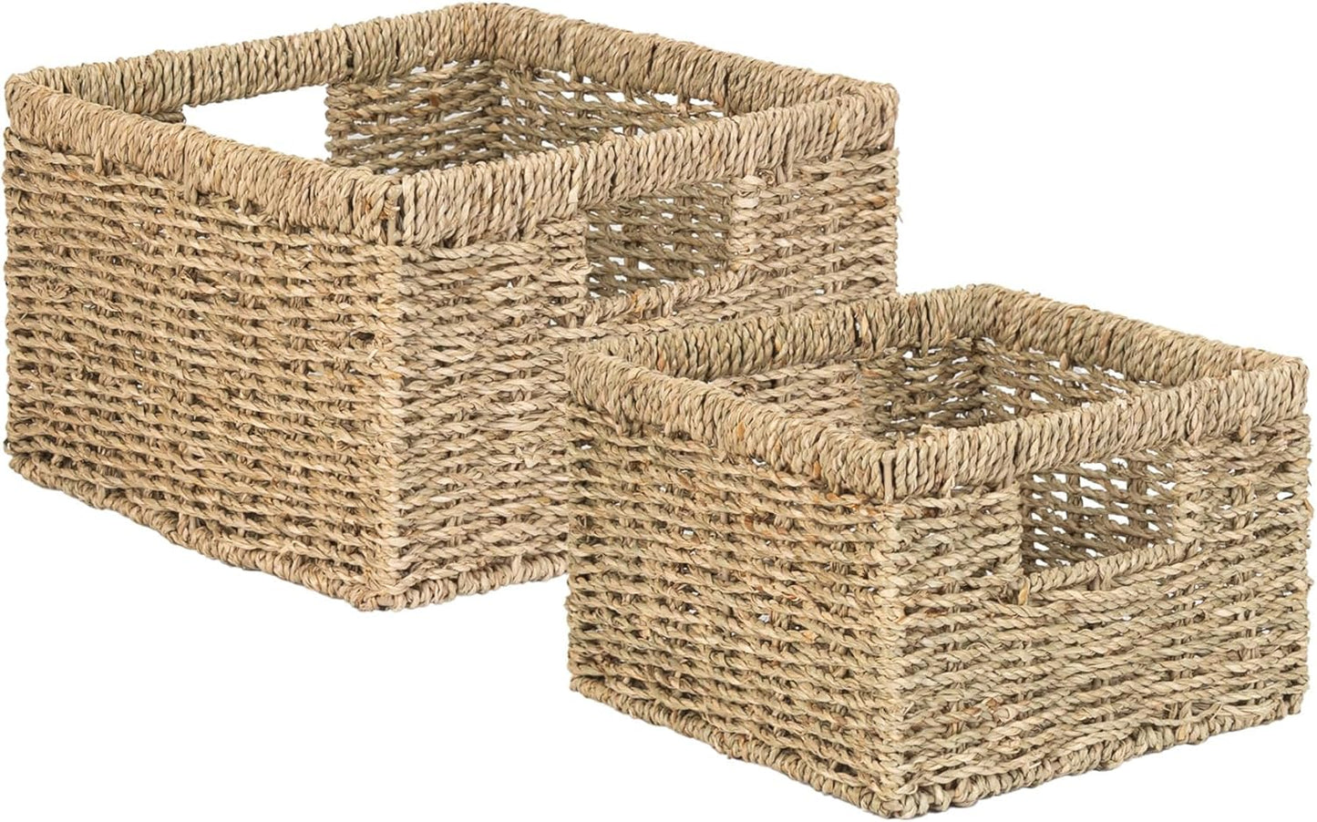 Wicker Storage Basket, Rectangular Seagrass Baskets with Handles, Handwoven Decorative Wicker Basket for Shelves, Bedroom, Set of 2, Large and Small (Natural Seagrass)