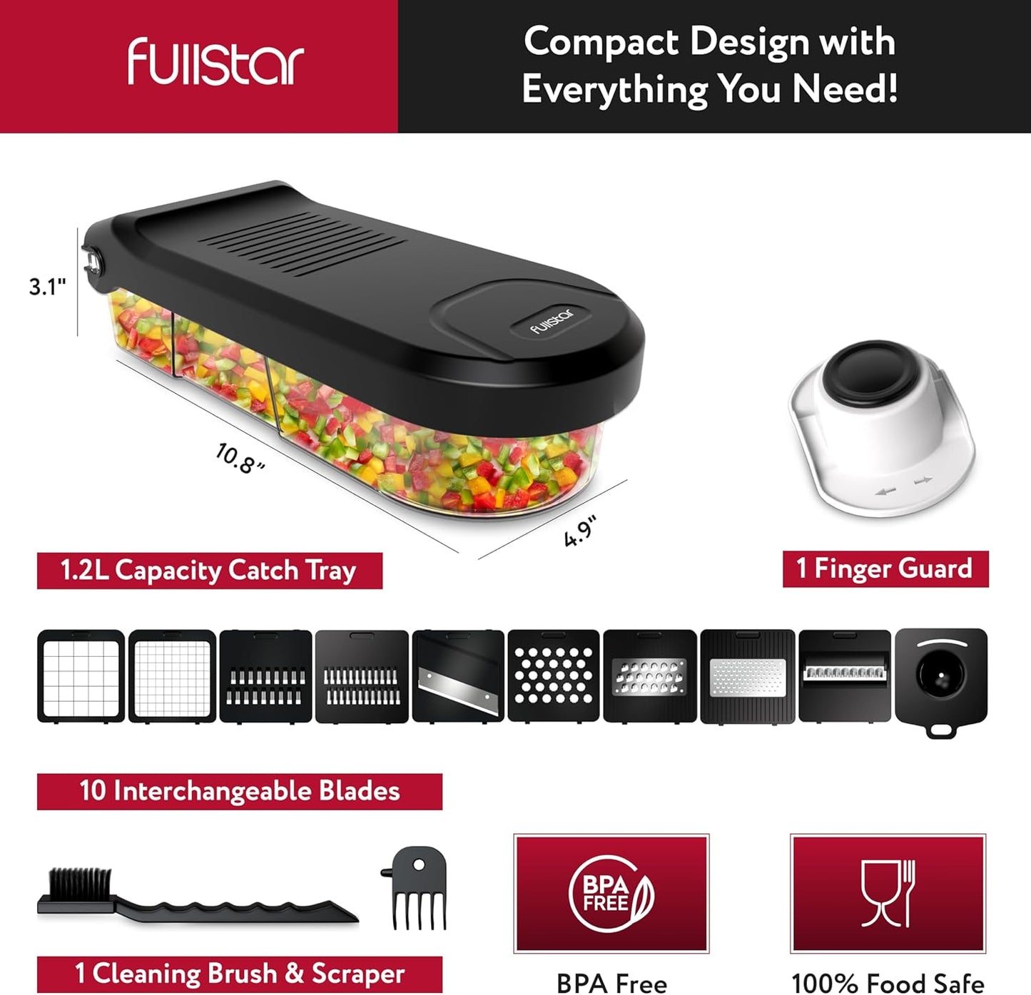 Fullstar Mandoline Slicer for Kitchen - Vegetable Chopper, Onion Potato Food Veggie Fruit Slicer and Cutter with Container, Kitchen Gadgets & Accessories, Home Essentials (10-in-1, White/Black)