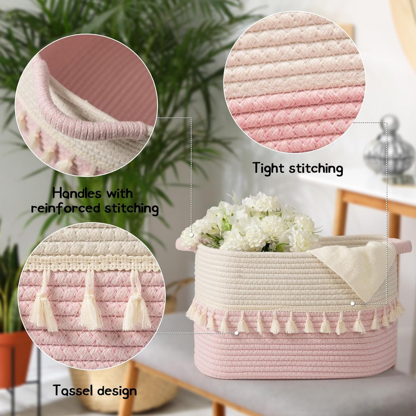 TeoKJ Storage Baskets 3 Packs, Storage Basket for toys,Towel, Storage Bins, Woven Basket for Shelves Bedroom Laundry Nursery, White & Pink