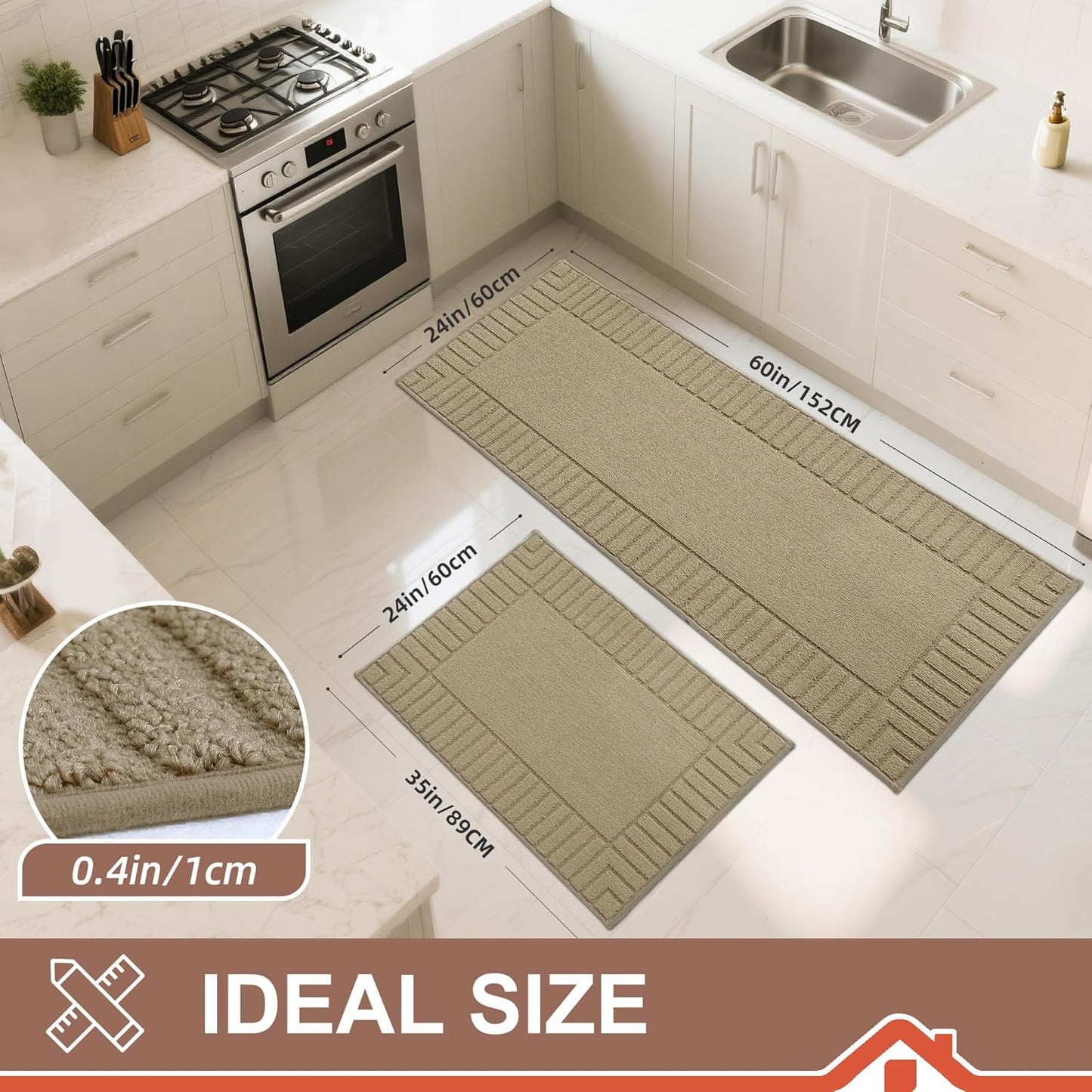 BEQHAUSE Kitchen-Rugs-and-Mats,Anti-Slip Kitchen Rugs,Machine Washable Kitchen Mats for Floor Taupe Comfortable Kitchen Mat Set of 2 with TPR Backing 24x35inch/24x60inch