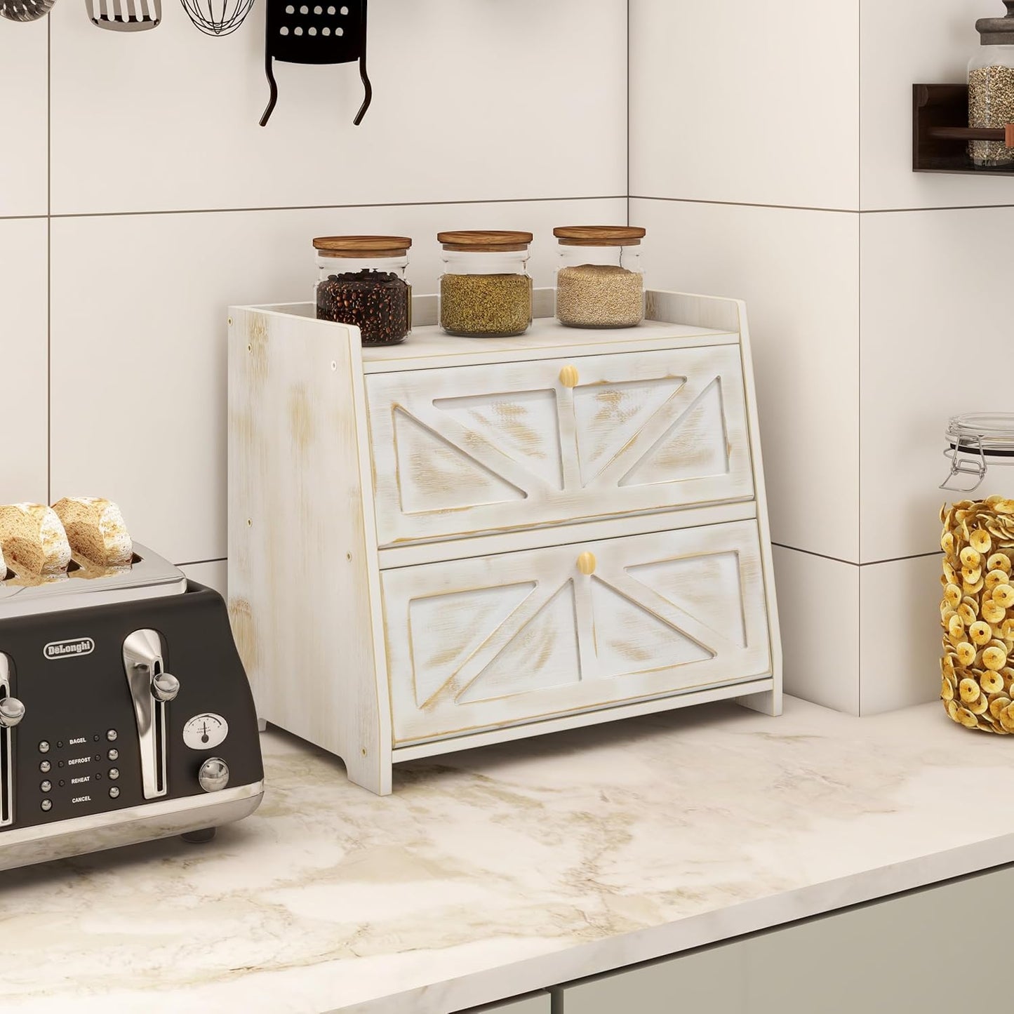 Vintage Double Layer Bread Box for Kitchen Counter Bamboo Bread Storage Container Large Capacity Bread Storage Bin (Antique White)