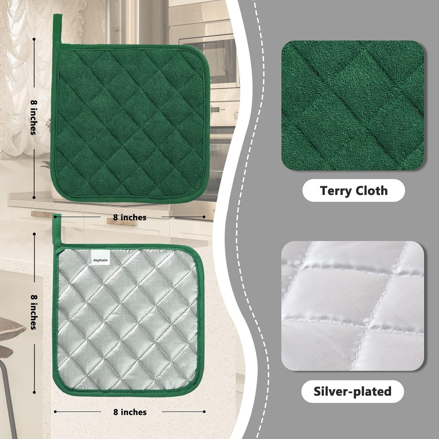 Joyhalo 6 Pack Pot Holders for Kitchen,Cotton Oven Holder with Great Heat Resistance,Non Slip Hot Pads for Kitchen Clearance,Dark Green