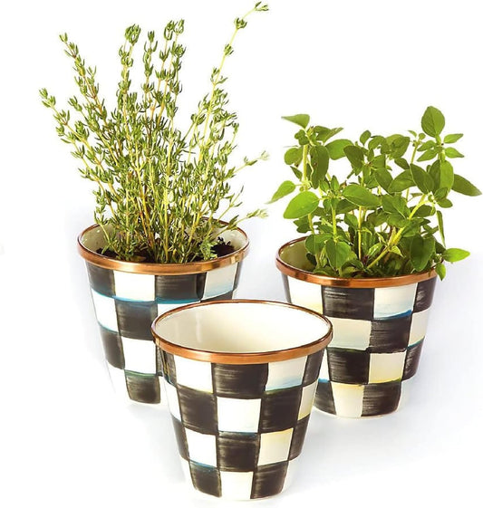 MACKENZIE-CHILDS Enamel Herb Pots, Small Plant Pots for Herbs or Flowers, Set of 3, Black-and-White Courtly Check