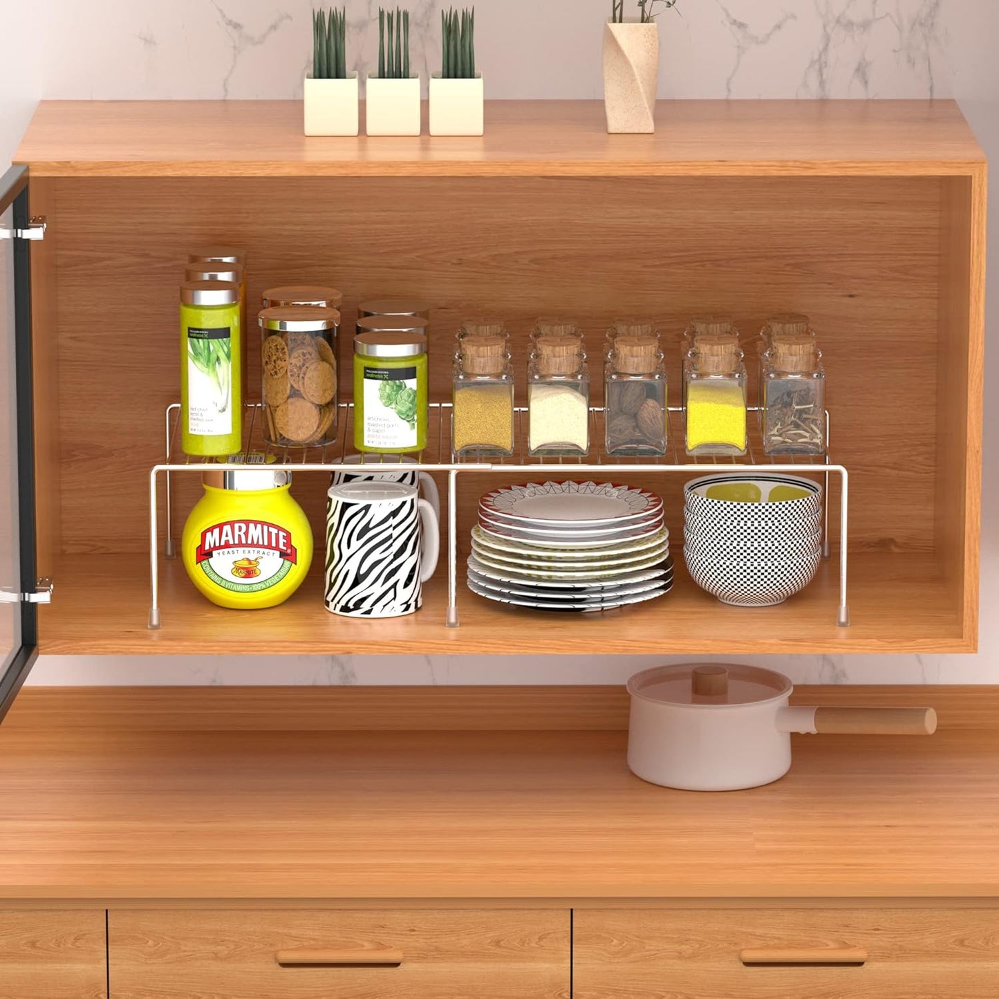 Redrubbit Cabinet Storage Shelf Rack, Expandable Metal Rustproof Kitchen Counter and Cabinet Shelf, Storage Rack Organizer Space Saver for Kitchen, Fridge, Cabinet, Bathroom, Chrome