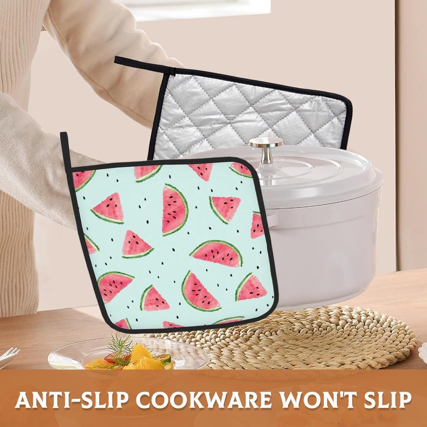 Summer Watermelon Pot Holder Set of 2,Kitchen Heat Resistant Potholder for Women Men BBQ Cooking Baking