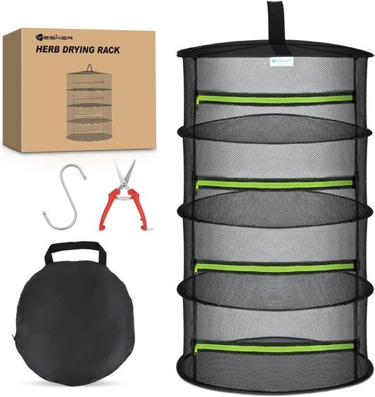 Yesker 4 Layer Herb Drying Rack Hanging Mesh Net Foldable Plant Drying Racks 24" w Green Zipper Pruning Shears Hook Dryer Hanging Rack for Herbs Seed Bud Fruit Clothes Grow Tent Closets Garden Outdoor