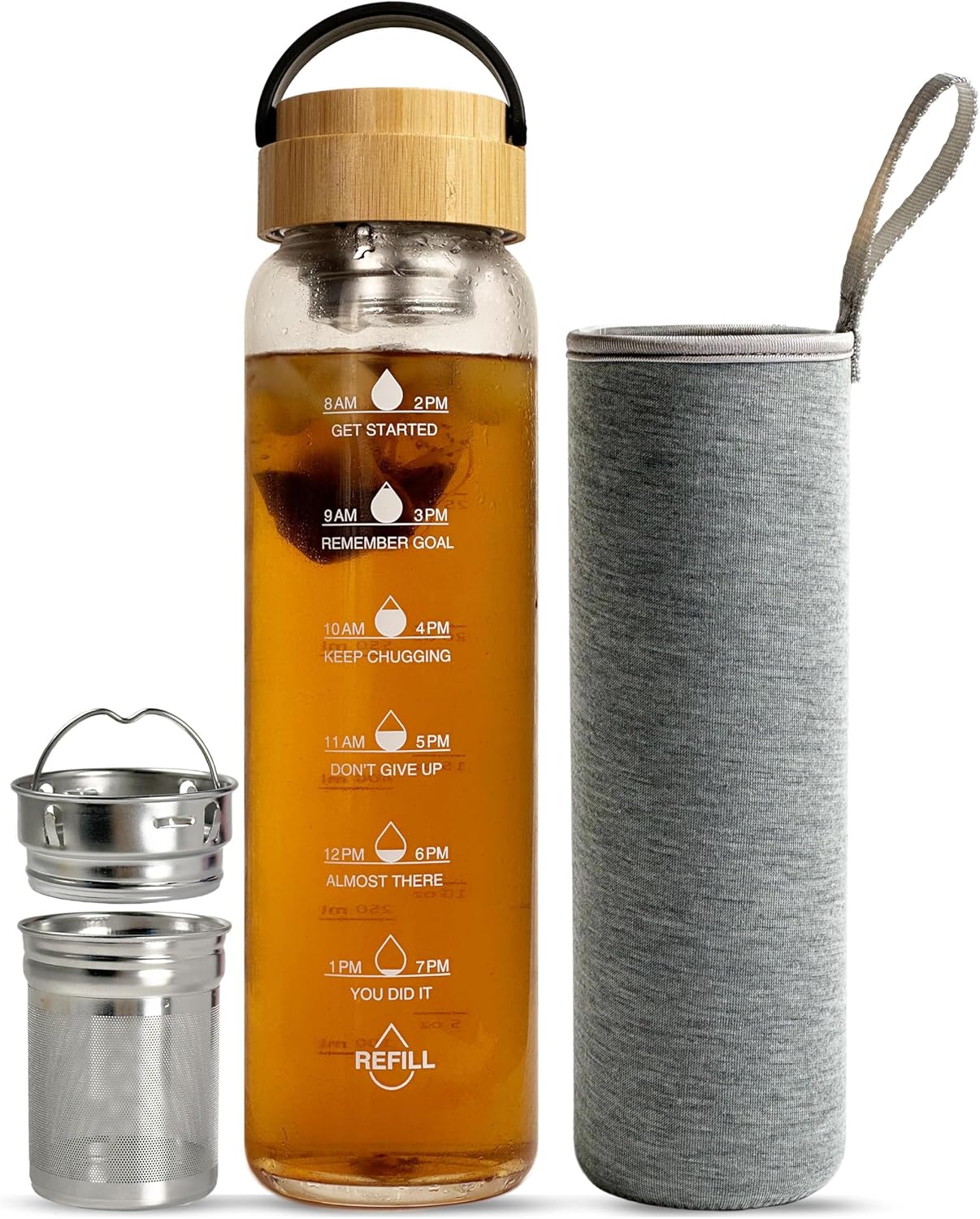 32 oz Motivational Glass Water Bottles with Bamboo Lid Straw and Time Marker - Sports Water Bottle for Drinking