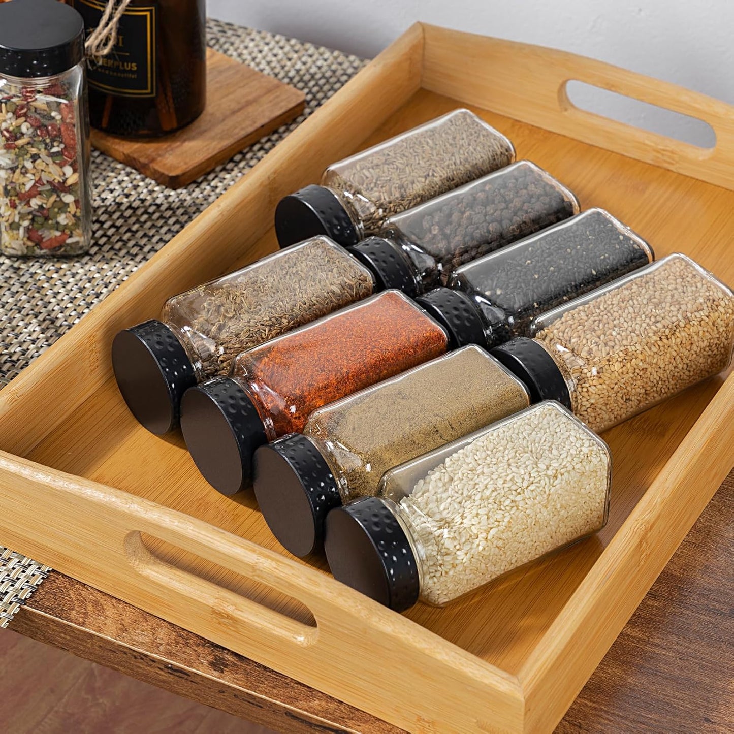 6pcs Black Spice Jars, 4 oz Glass Seasoning Bottles, Spices Container, Empty Spice Jars, Square Spice Bottles with Airtight Plastic Caps with Shaker Lids