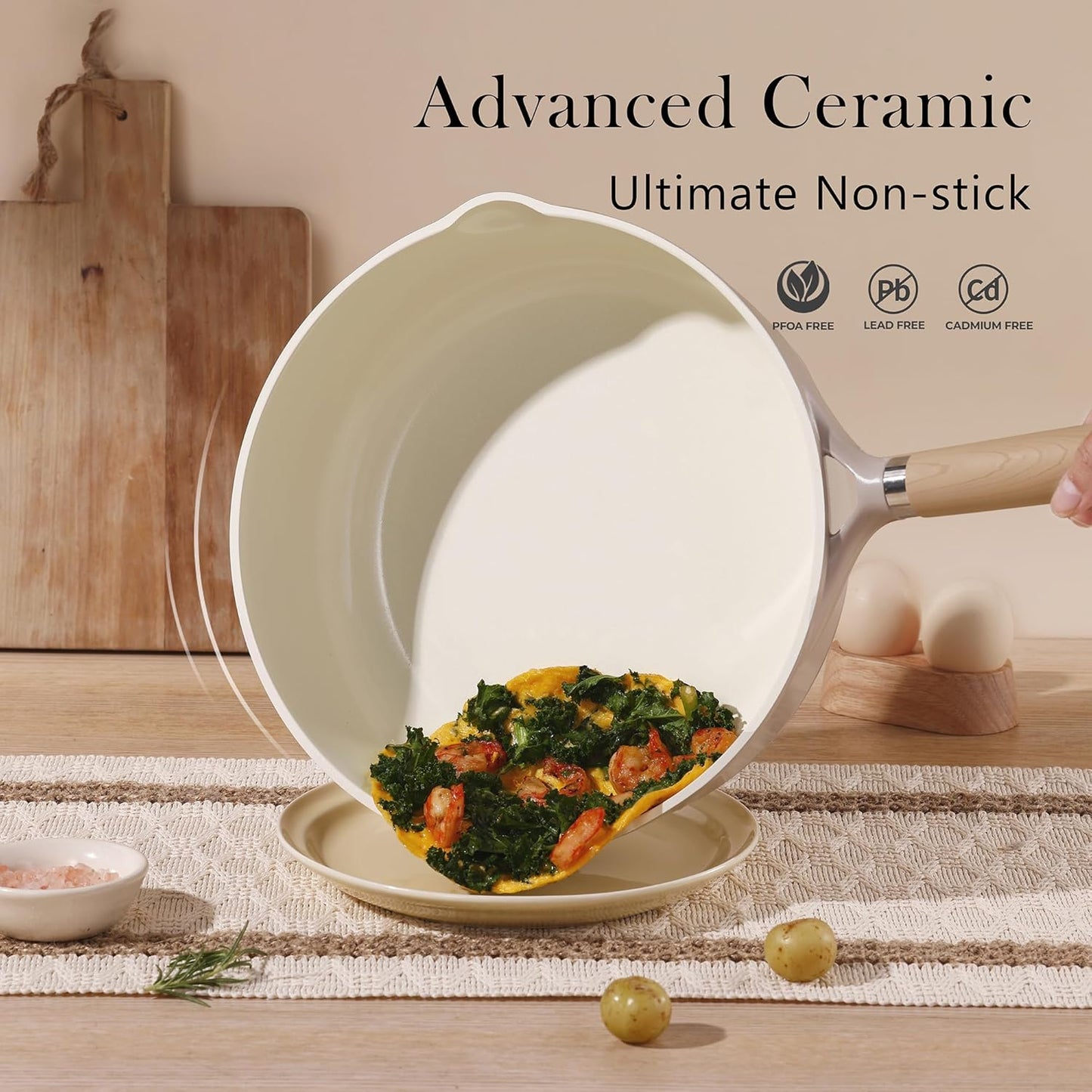 CAROTE 10" Ceramic Saute Pan wilt Lid, Non Stick Frying Pan Skillet Chef's Pan, Healthy & PFOA/PFAS Free, Induction-Compatible, Taupe